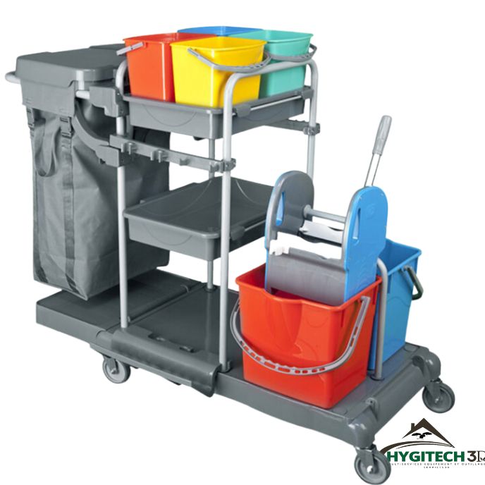 CHARIOT DE NETTOYAGE 2 SEAUX 25 LITRES + 4 SEAUX 5 LITRES + SAC