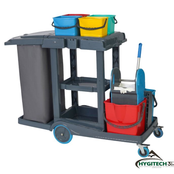 CHARIOT DE NETTOYAGE EN PLASTIQUE 2 SAUX 25L+ 4 SEAUX 5L+SAC