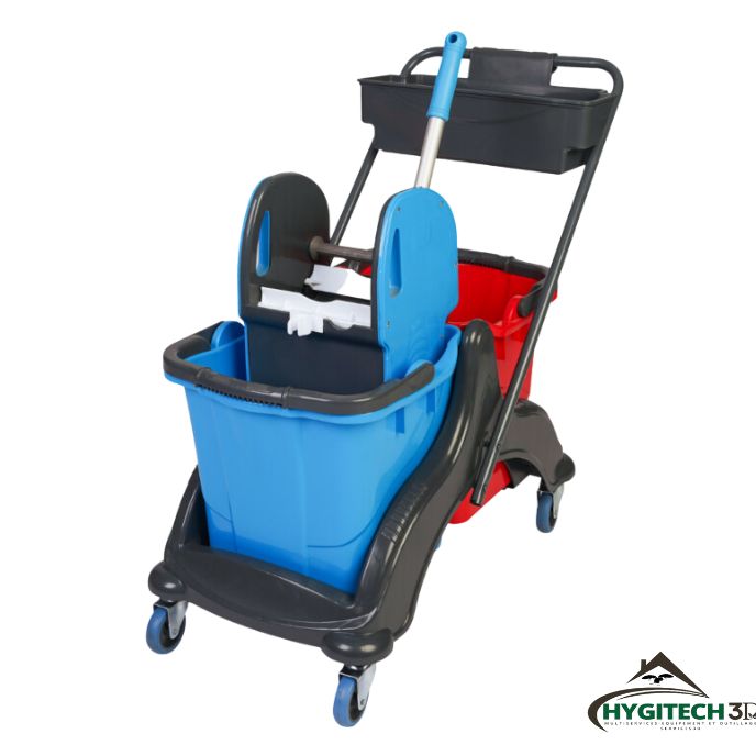 CHARIOT DE NETTOYAGE DOUBLE SEAUX 25LITRES + PRESSE + PANIER